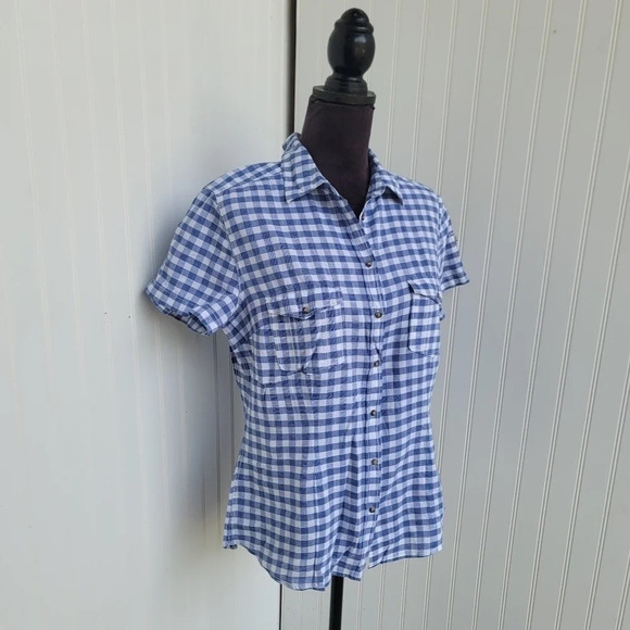 H&M LOGG Shirt Womens Blue White Button Up Plaid Shirt Short Sleeve Cotton Sz 14 - Picture 11 of 11